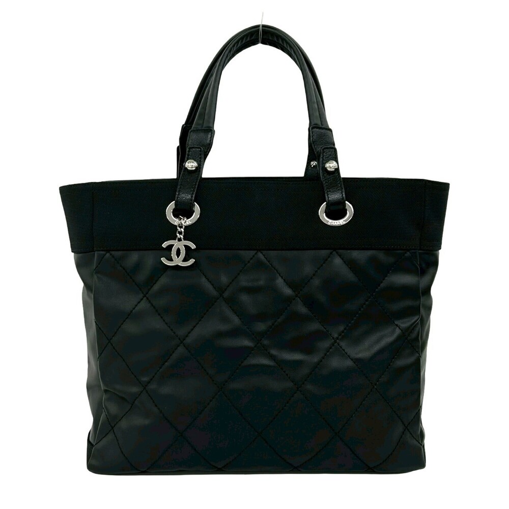 CHANEL Paris Biarritz MM Leather and Canvas Tote Bag Handbag, Black, 45589